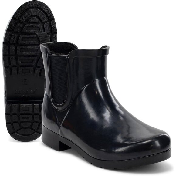 Women’s Waterproof Plush Lined Slip On Rain Ankle Slim Chelsea Black Boots - Picture 7 of 8